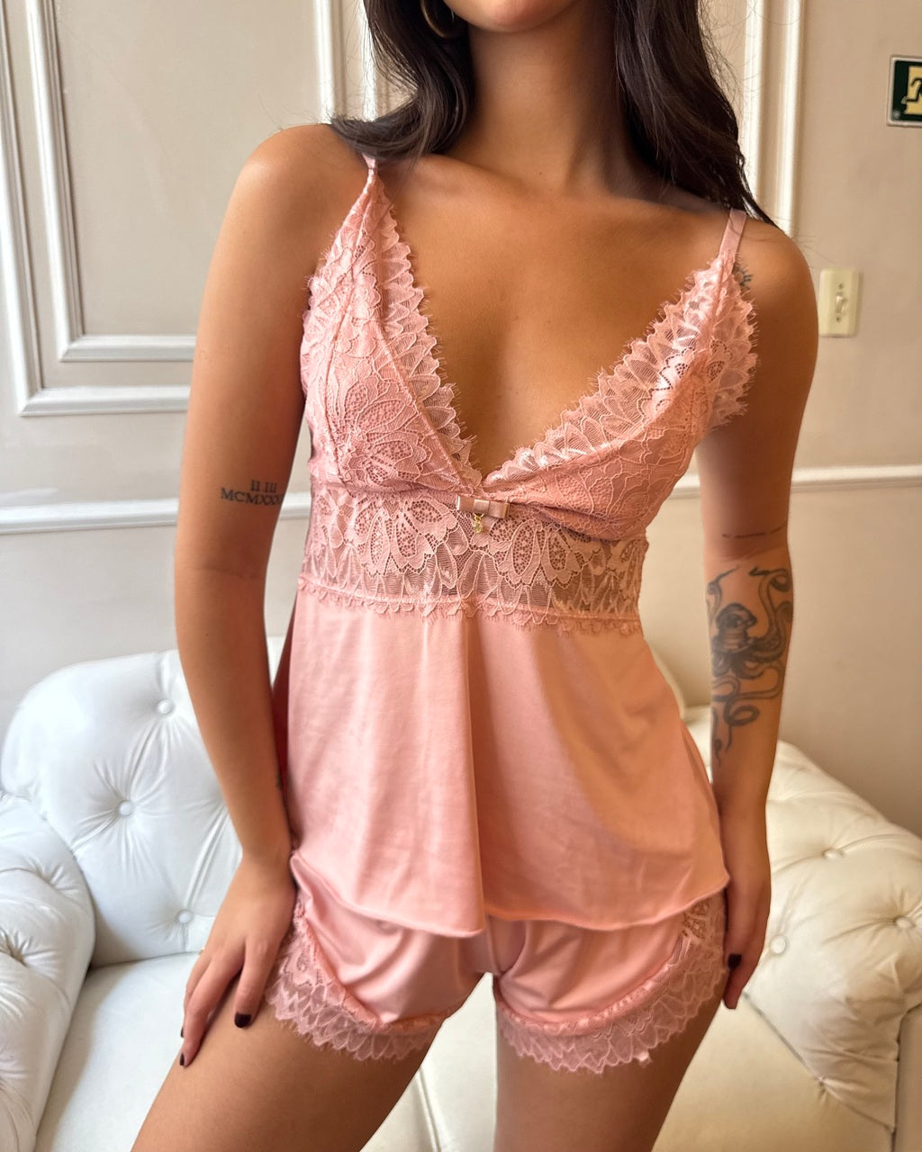 Baby Doll Rosa Balé em Poliester e Renda | Lunar